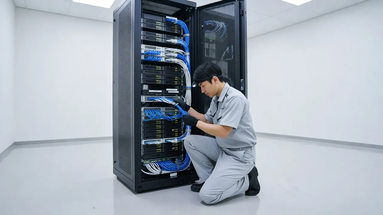 サーバールームでのメンテナンス作業